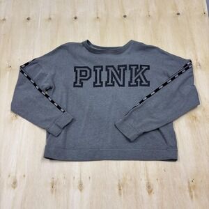 PINK Victoria's Secret Sweatshirt Womens Large Gray PINK Logo Tape Fleece